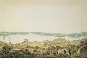 Parte del porto di Port Jackson e il paese tra Sydney e le Blue Mountains, Nuovo Galles del Sud, sezione destra di una vista panoramica, c.1821